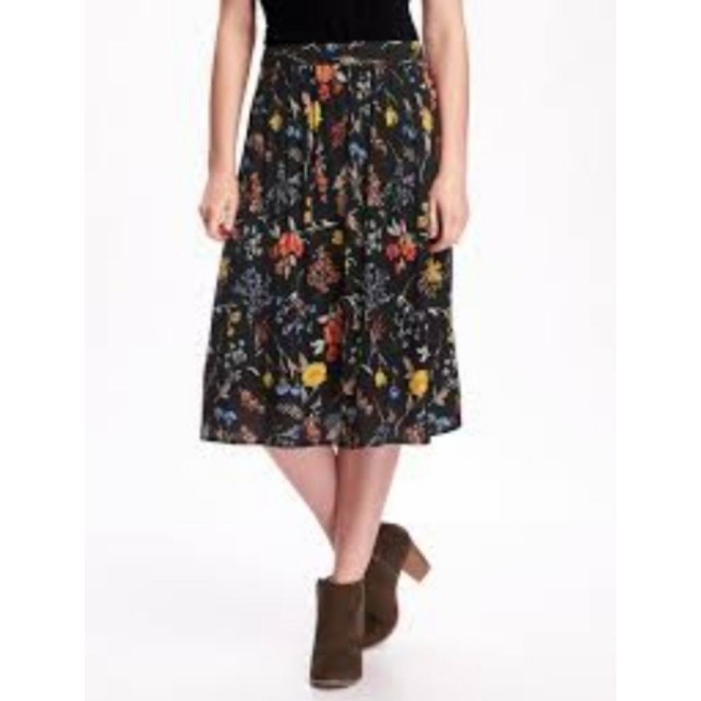 Old Navy Vibrant Floral Midi Skirt - Black and Multicolor
